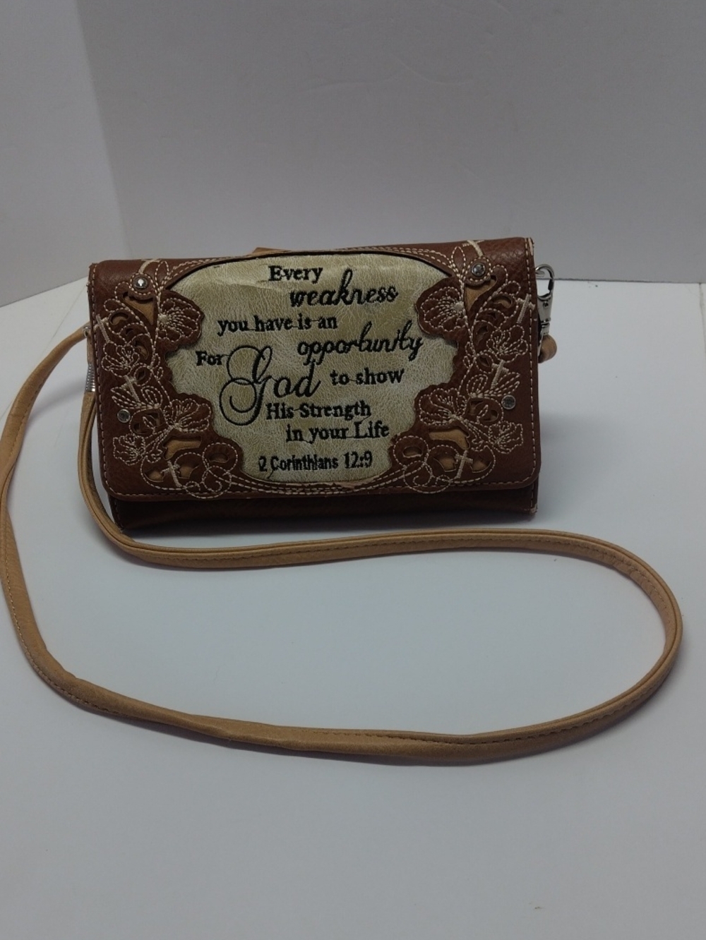 Faith-Inspired Brown Crossbody Wallet with Embroidered Scripture